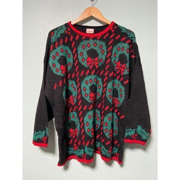 Holiday Time Vintage Women's Wreath‎ Black Sweater 18W/20W - Picture 1 of 9